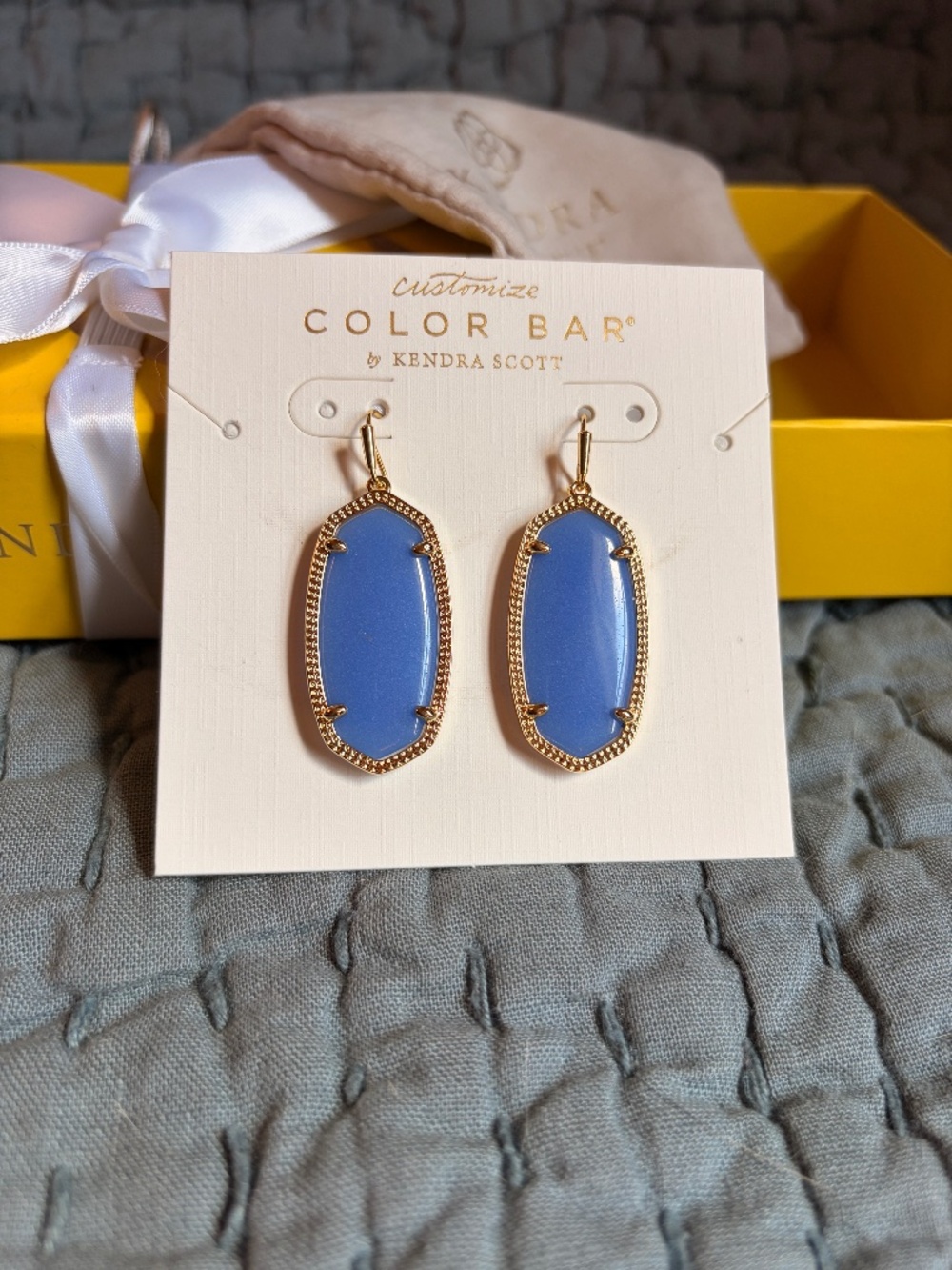 Kendra Scott Lee Gold Drop Earrings Blue Stone Color Bar with Box